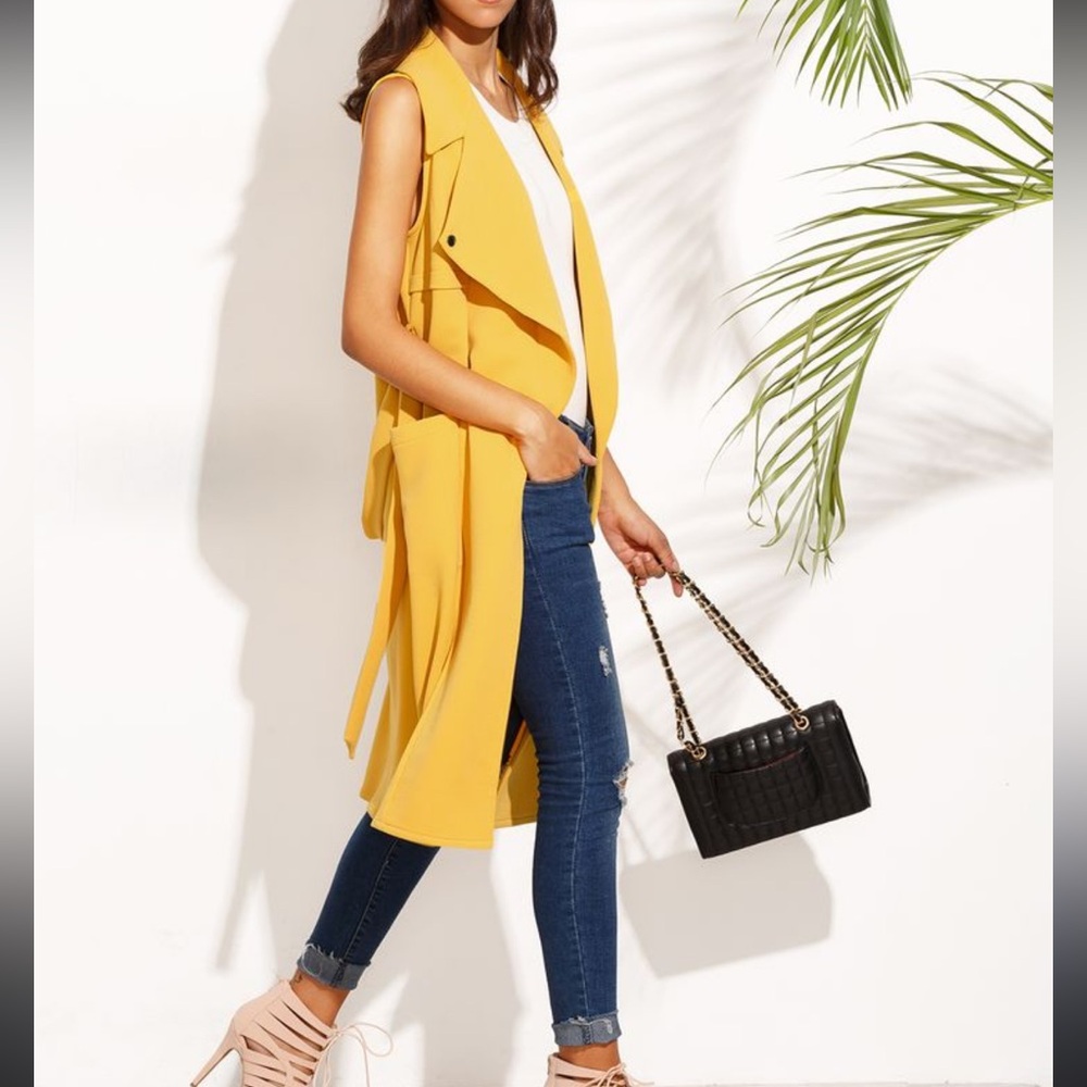 SHEIN Yellow Mustard sleeveless lapel tie duster